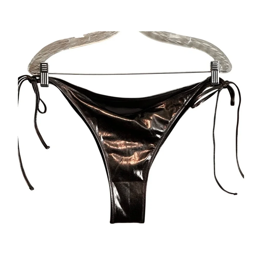 SKIMS Metallic Bronze‎ Tie Side Bikini Bottoms High Cut Brazilian Swim 4X